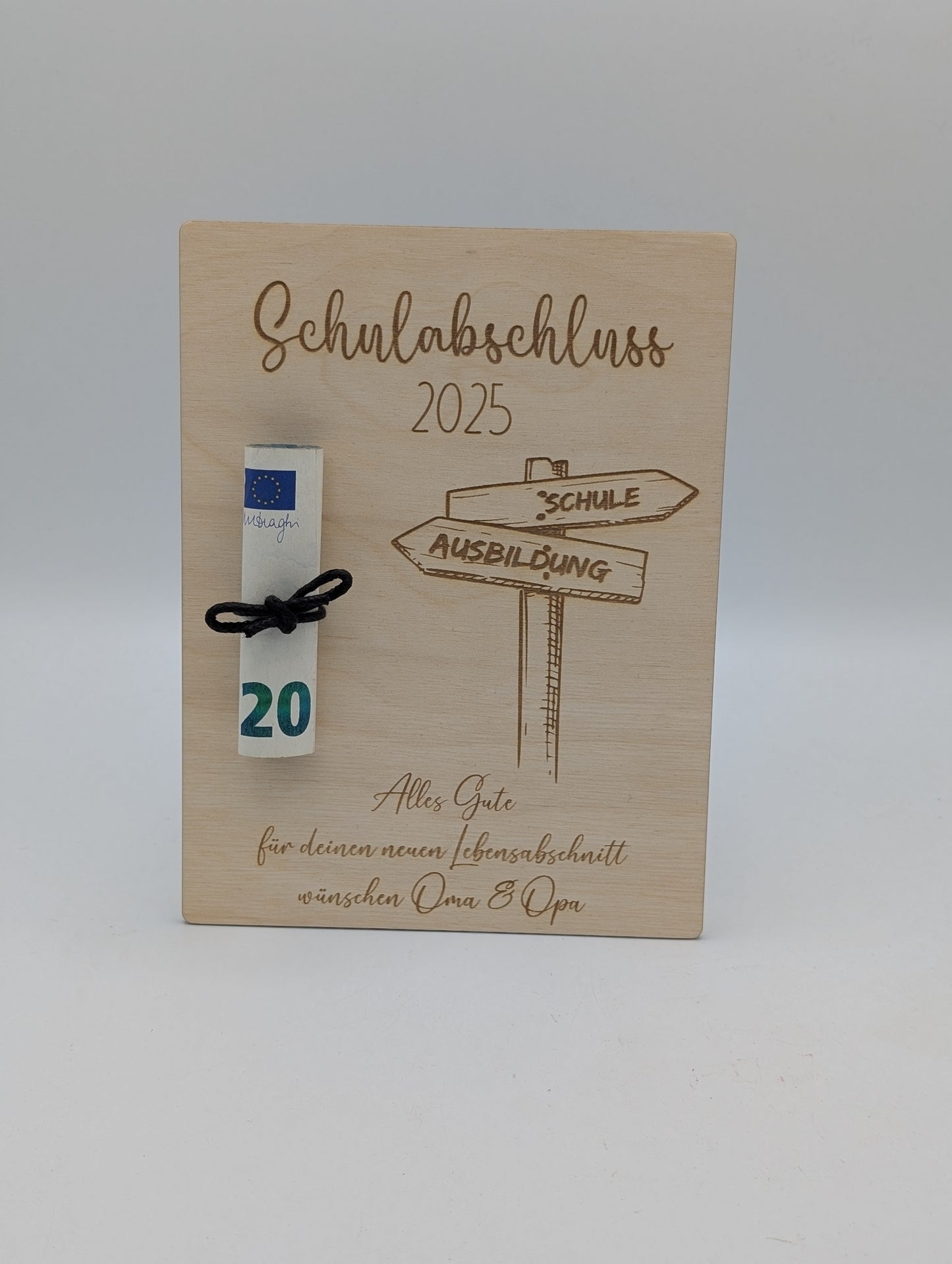 Geldgeschenk zum Schulabschluss, Ausbildung, personalisierte Geschenkkarte aus Holz