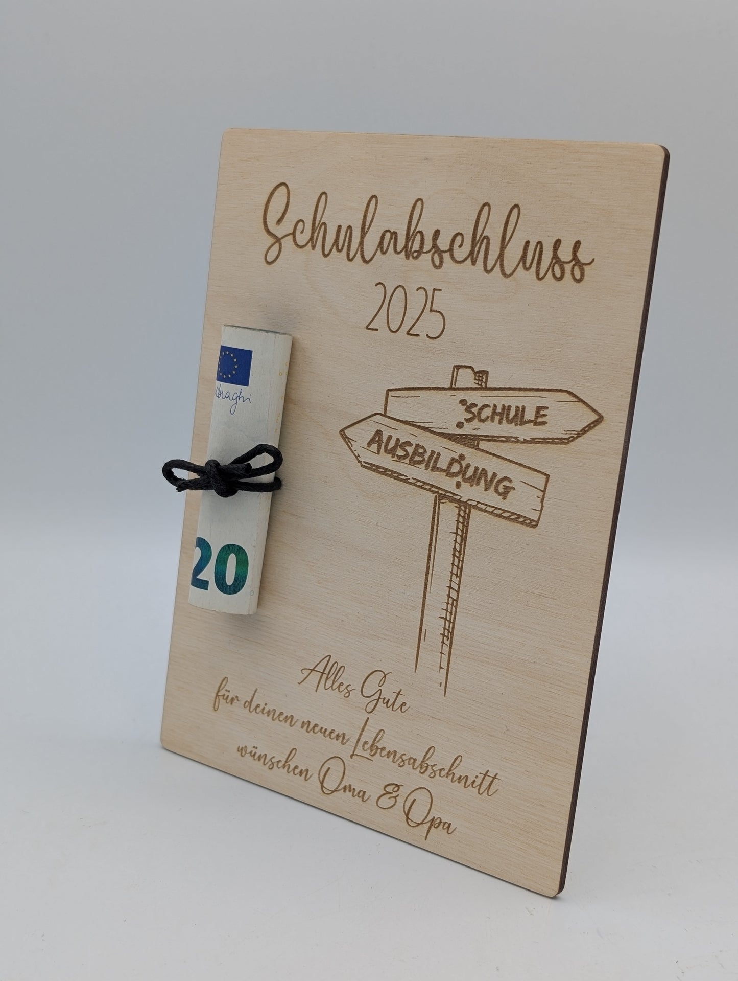 Geldgeschenk zum Schulabschluss, Ausbildung, personalisierte Geschenkkarte aus Holz