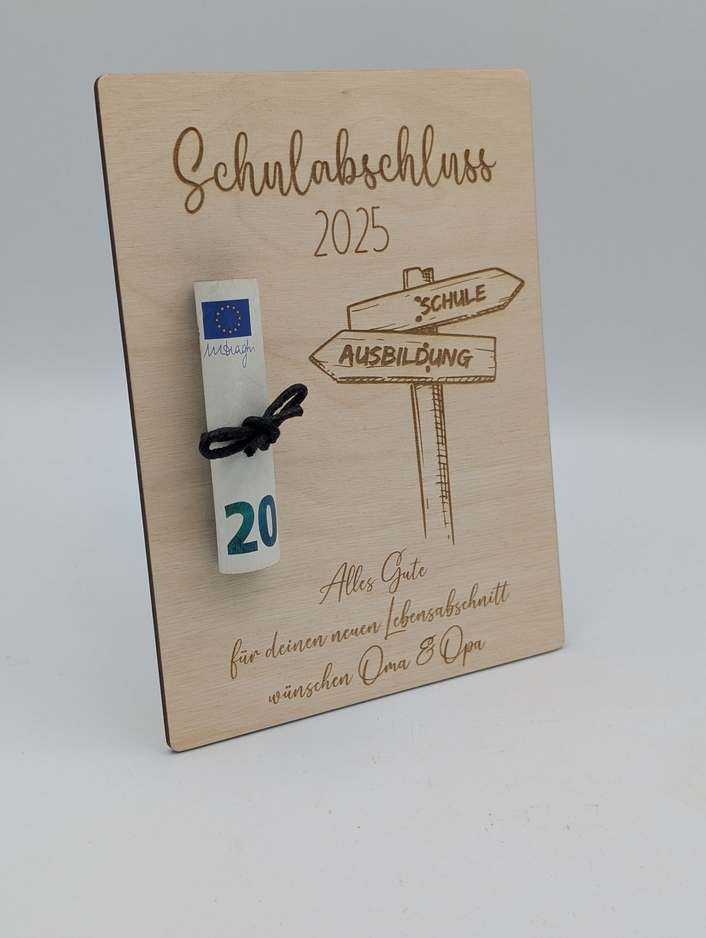 Geldgeschenk zum Schulabschluss, Ausbildung, personalisierte Geschenkkarte aus Holz