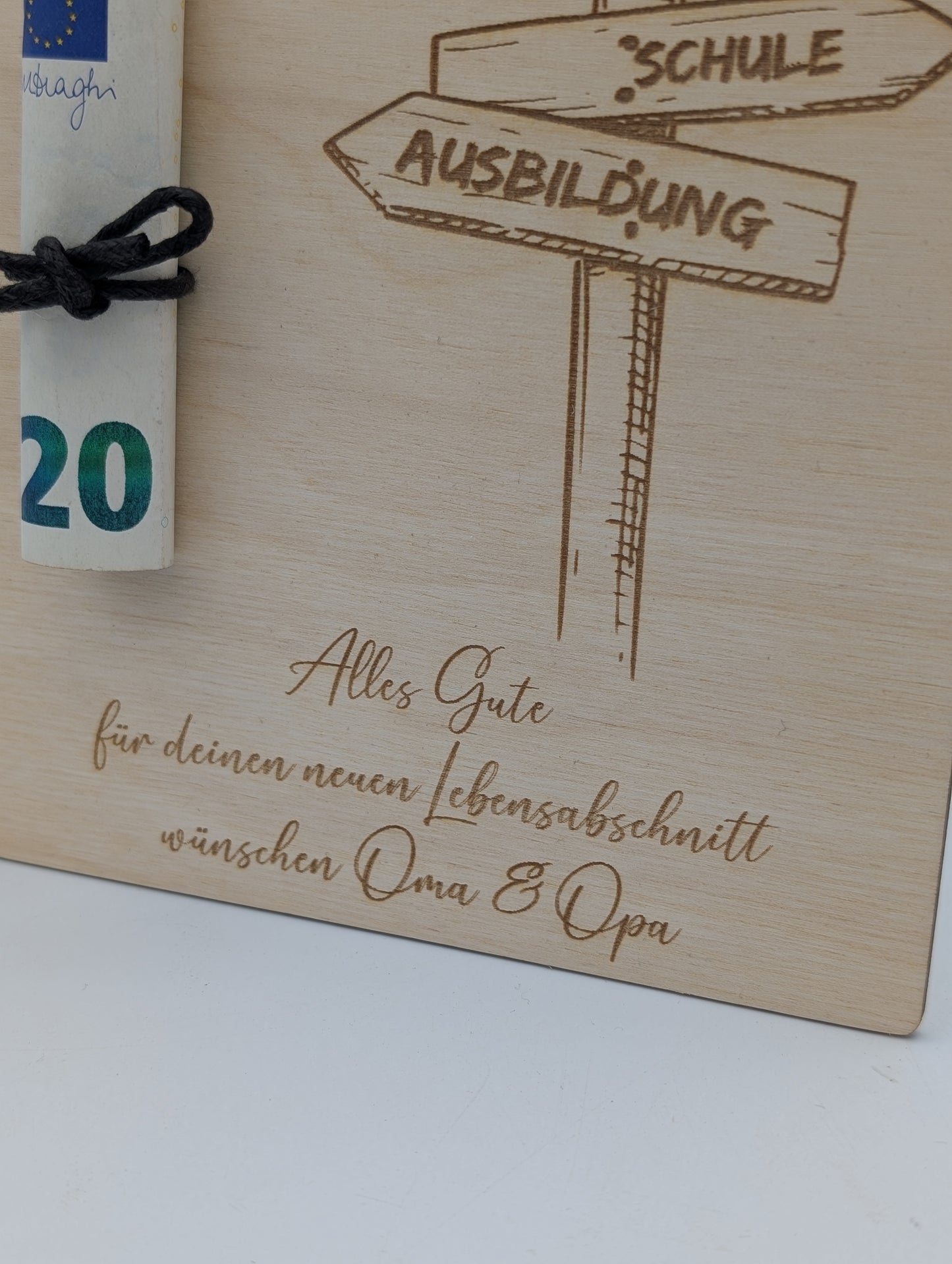 Geldgeschenk zum Schulabschluss, Ausbildung, personalisierte Geschenkkarte aus Holz