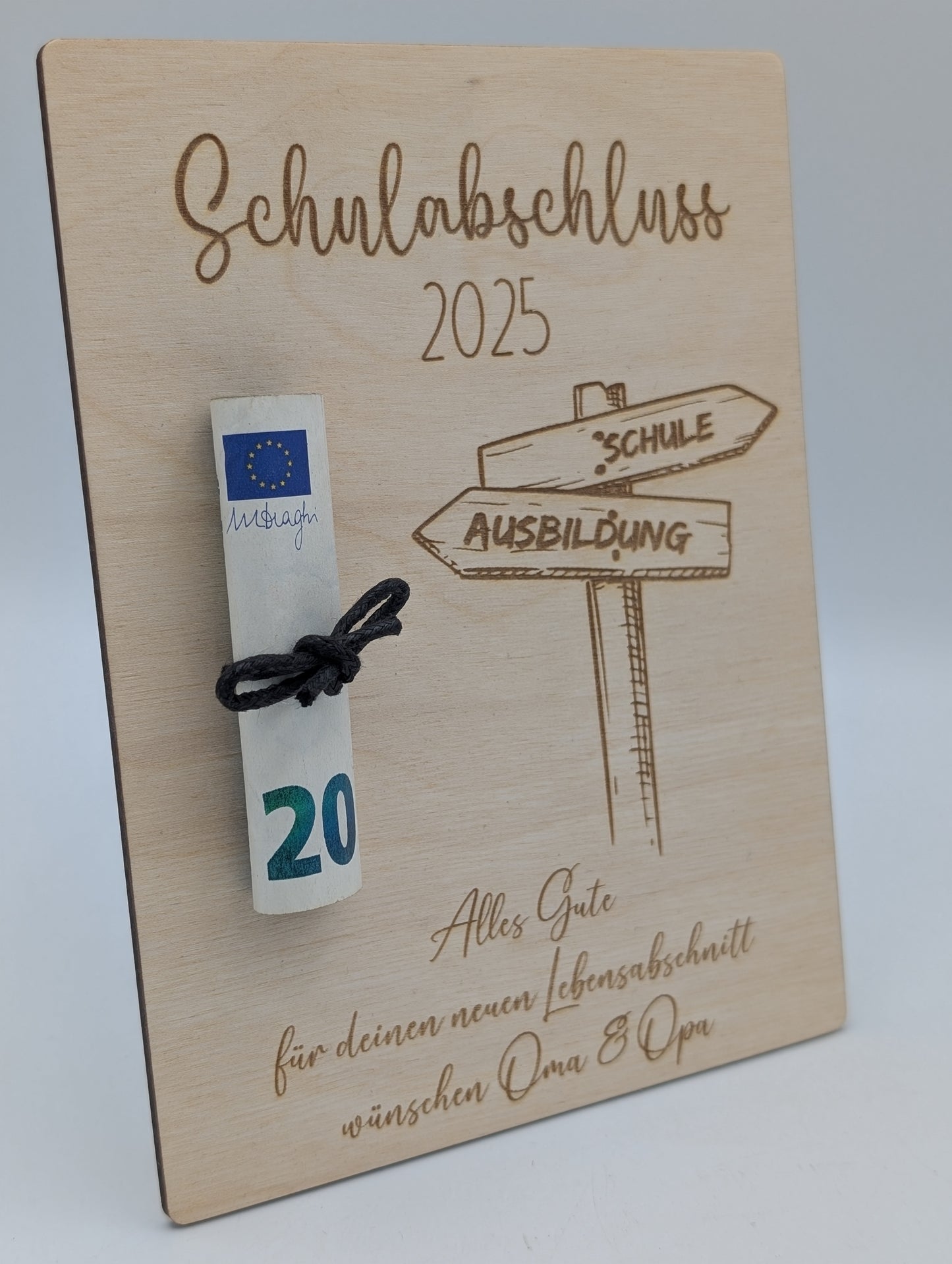 Geldgeschenk zum Schulabschluss, Ausbildung, personalisierte Geschenkkarte aus Holz