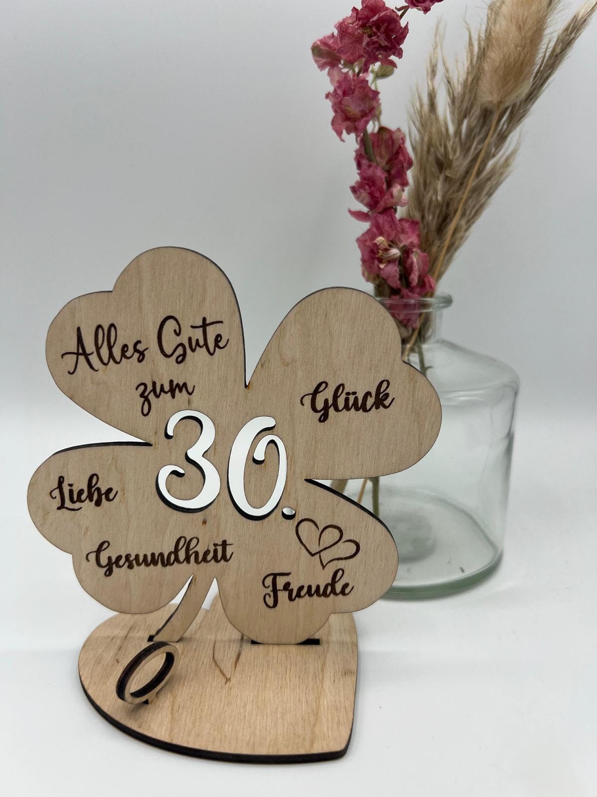 Geldgeschenk Kleeblatt Holz 30. Geburtstag, 12,5cm oder 18,0cm, Geldgeschenk auf Wunsch mit Namensgravur