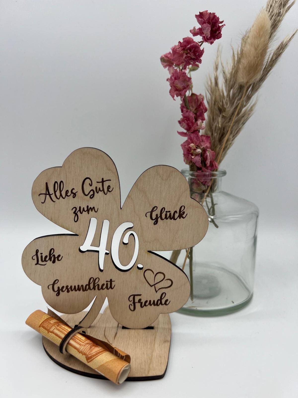 Geldgeschenk Kleeblatt Holz 30. Geburtstag, 12,5cm oder 18,0cm, Geldgeschenk auf Wunsch mit Namensgravur