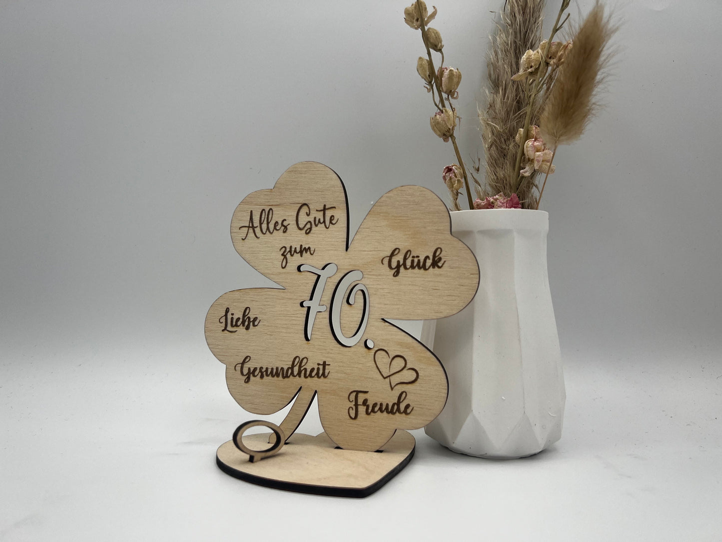 Geldgeschenk Kleeblatt Holz 70. Geburtstag, 12,5cm oder 18,0cm, Geldgeschenk auf Wunsch mit Namensgravur