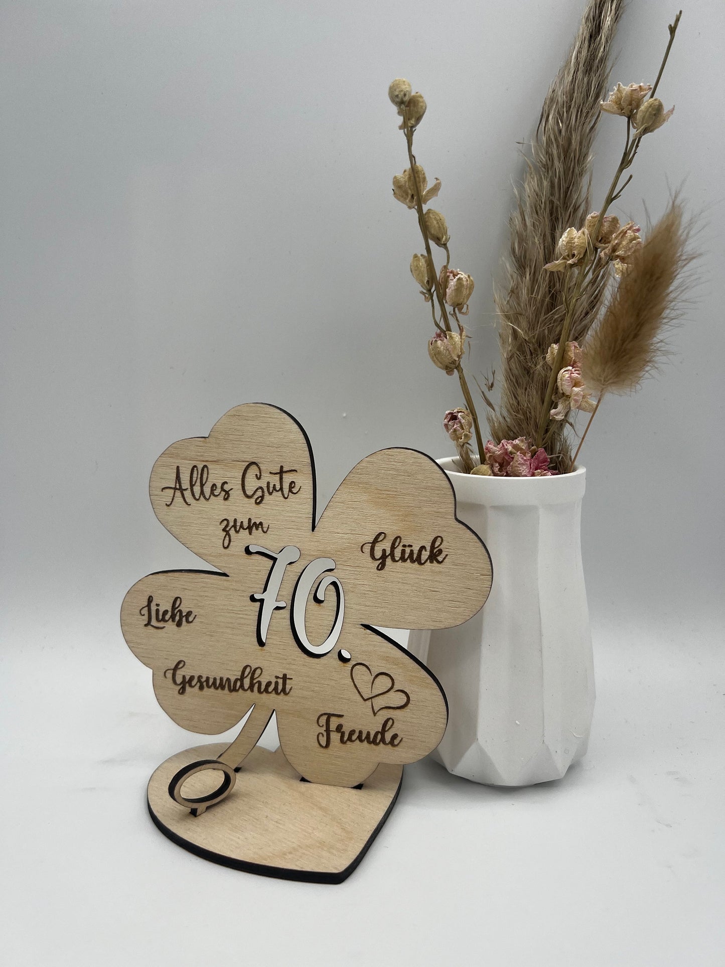 Geldgeschenk Kleeblatt Holz 70. Geburtstag, 12,5cm oder 18,0cm, Geldgeschenk auf Wunsch mit Namensgravur