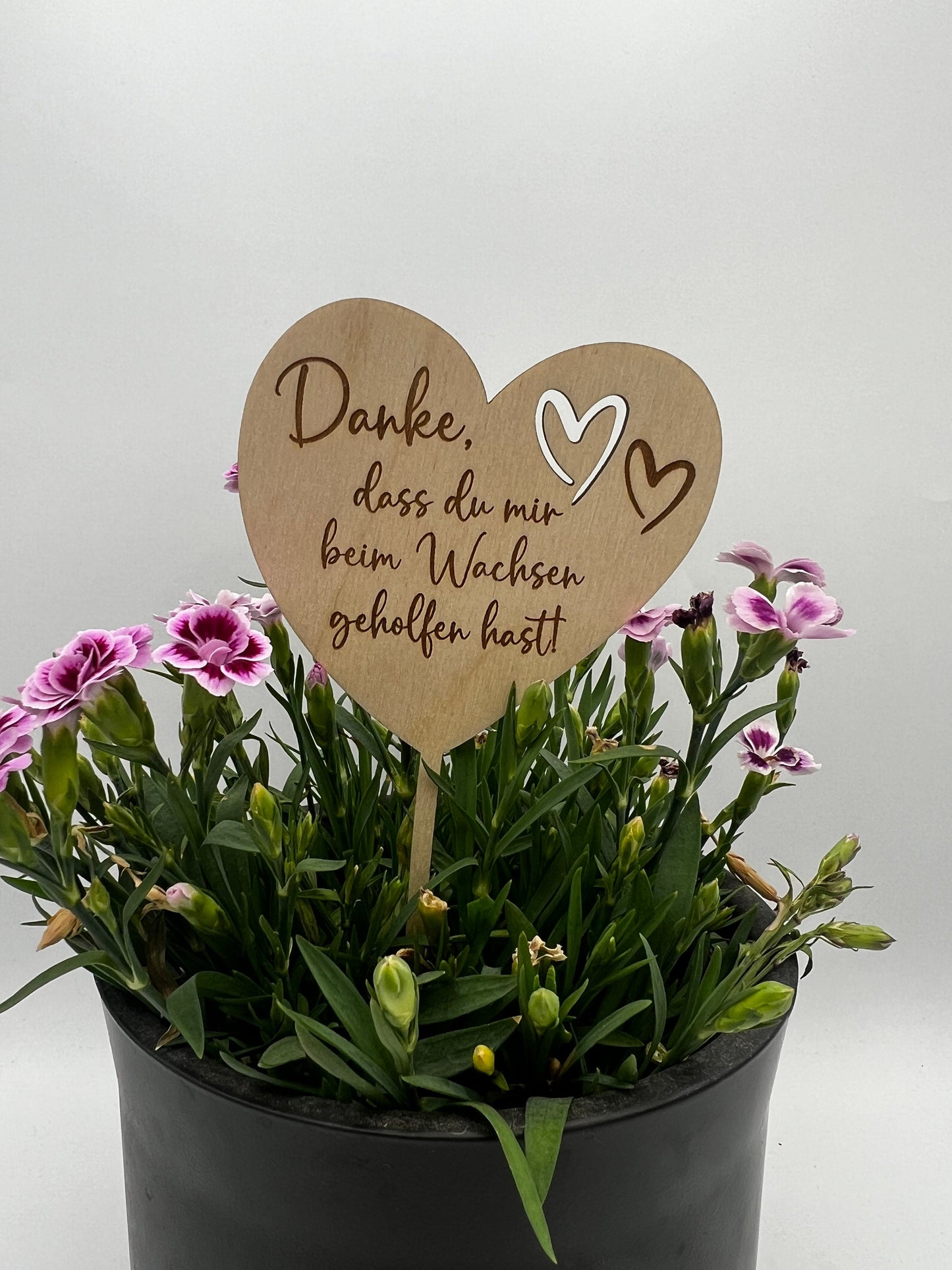 Blumenstecker aus Holz mit personalisiertem Text: "Danke, dass du uns beim Wachsen geholfen hast". Perfekt als Abschiedsgeschenk für Erzieher und Lehrer.