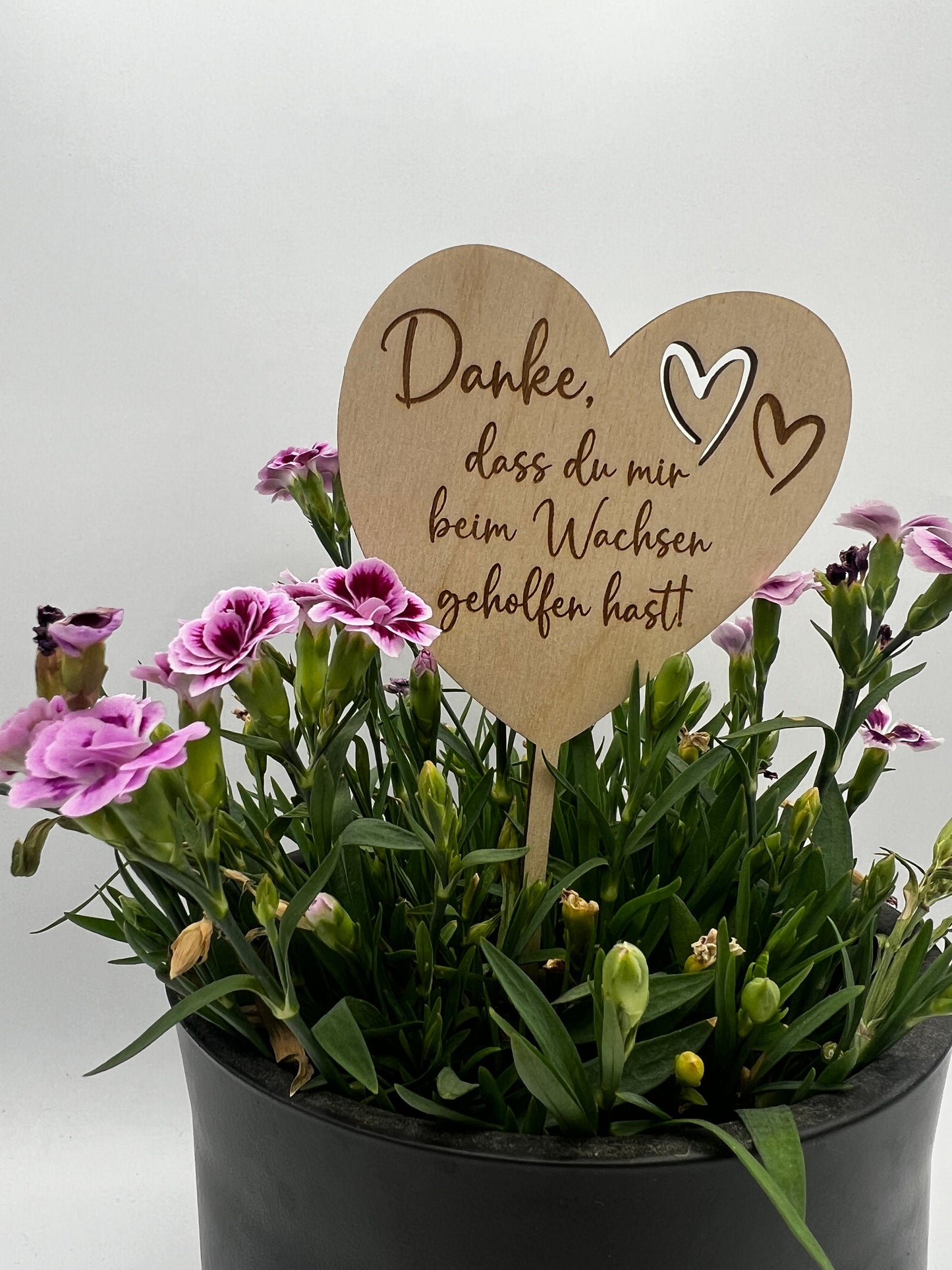 Blumenstecker aus Holz mit personalisiertem Text: "Danke, dass du uns beim Wachsen geholfen hast". Perfekt als Abschiedsgeschenk für Erzieher und Lehrer.