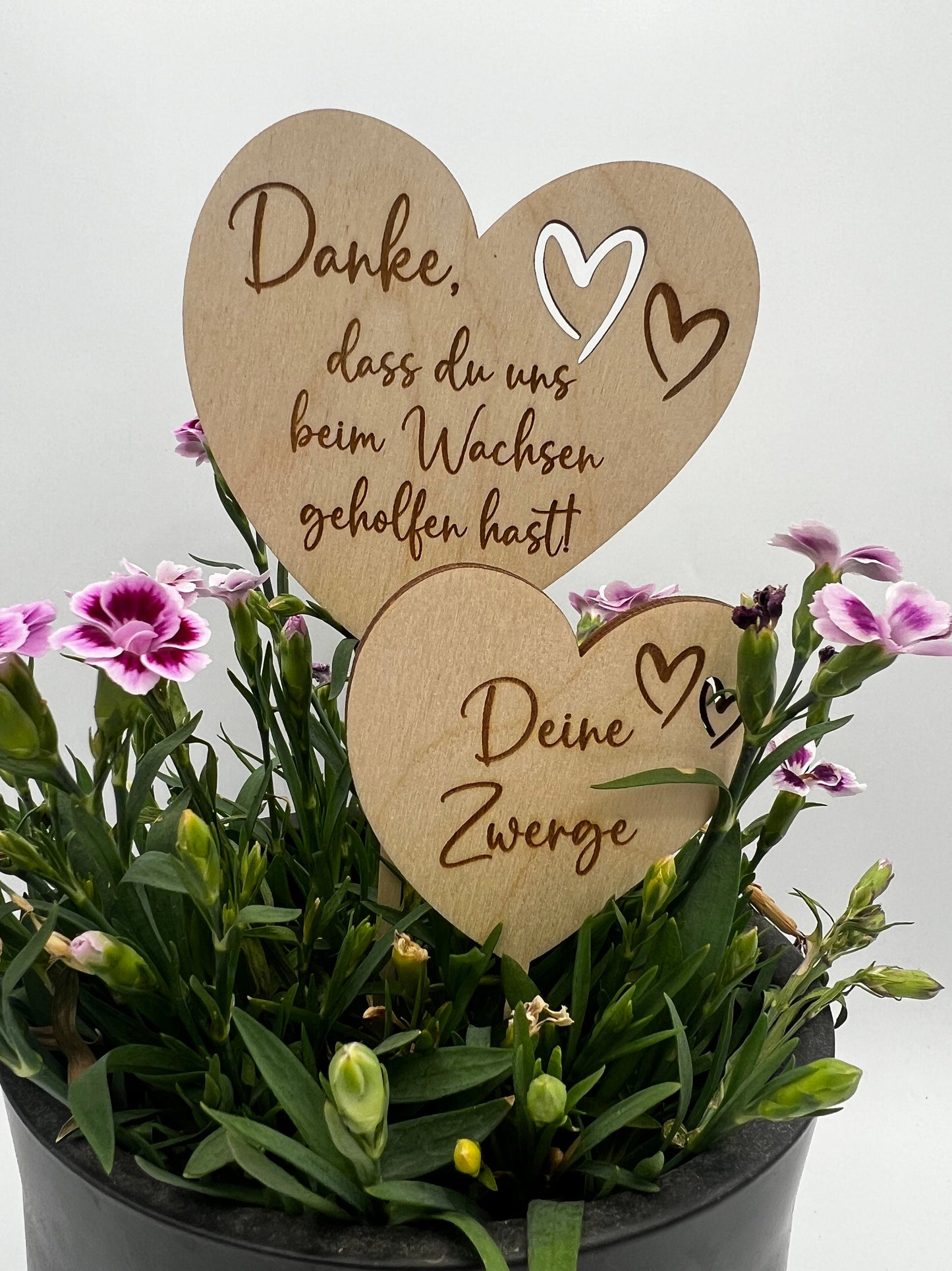 Blumenstecker aus Holz mit personalisiertem Text: "Danke, dass du uns beim Wachsen geholfen hast". Perfekt als Abschiedsgeschenk für Erzieher und Lehrer.